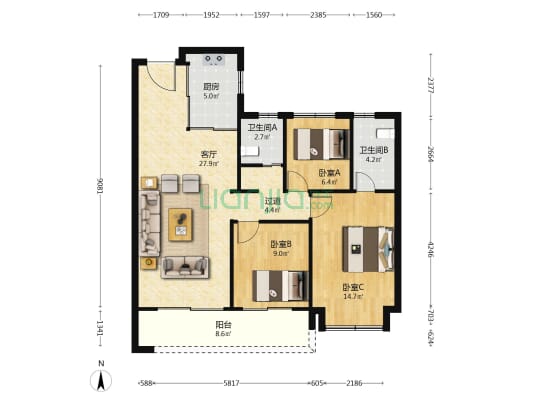保利·和颂文华 3室1厅2卫 105平方