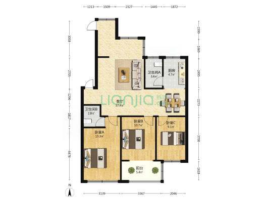 话剧团宿舍 3室1厅2卫 92平方