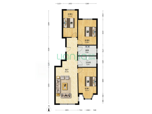 钻石广场 3室1厅 南 北-户型图