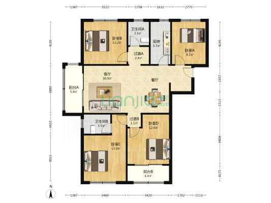 鹤翔园瑞庭 4室1厅2卫 148平方
