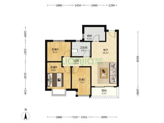 恒大未来之光地和6号院 3室1厅1卫 87平方
