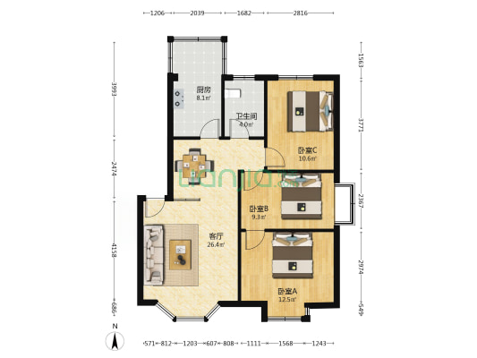 华泰庭院 3室1厅1卫 87平方