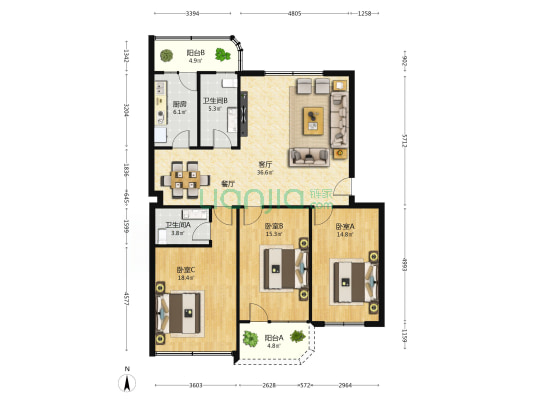 金达花园 3室1厅2卫 126平方