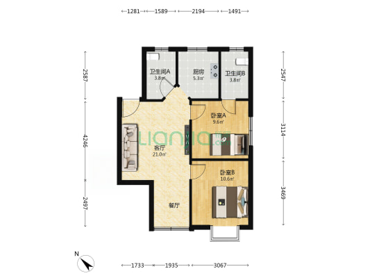 锦江苑 2室1厅2卫 68平方