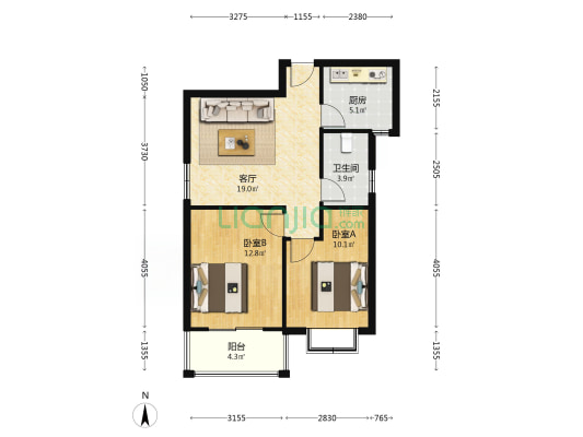 房本满二，正规两居室，中间楼层，采光好，带装修-户型图