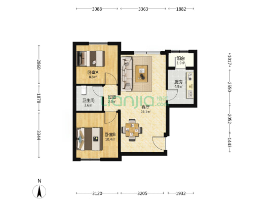 金驹家园E区 2室1厅1卫 79平方