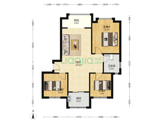 天伦湾一期样板间户型南北三居自住装修-户型图