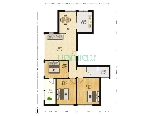 绿城百合花园 3室1厅1卫 121平方