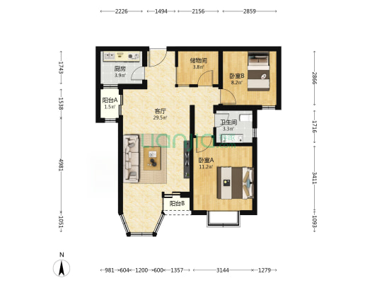合生世界村E区 2室1厅1卫 93平方