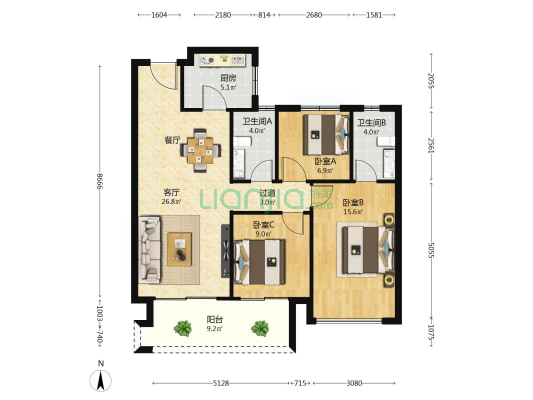 璀璨湖畔清园 3室1厅2卫 106平方