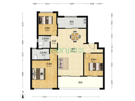 春风湖滨 3室1厅2卫 111平方