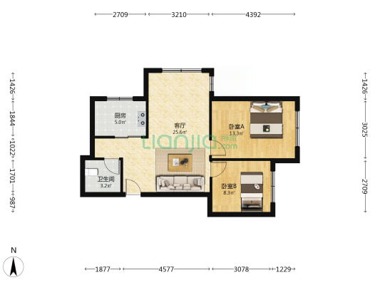 此房户型方正，中低楼层，毛坯房可塑空间大-户型图