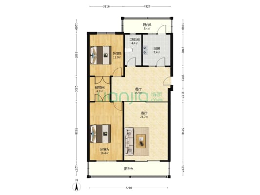 银江商城公寓西区 2室2厅1卫 117平方