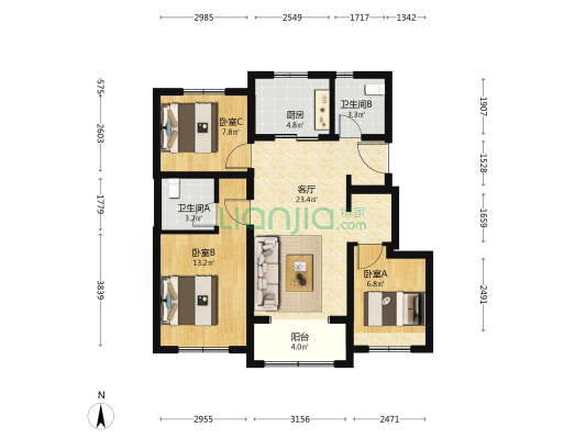 北京城建·星誉BEIJING 3室1厅2卫 88平方