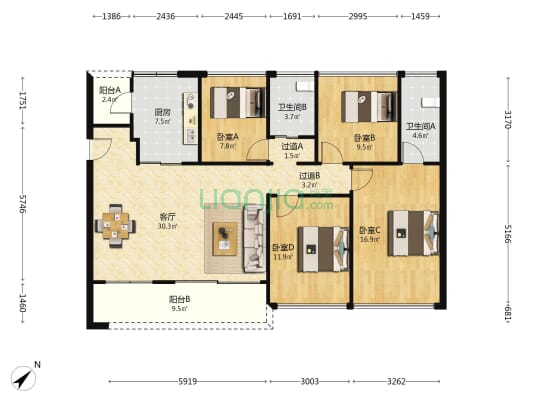 天曜府 4室1厅2卫 133平方