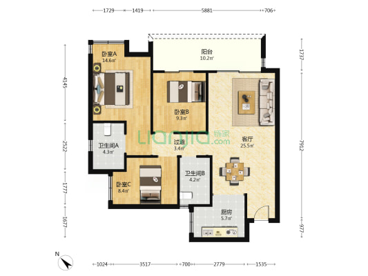 中铁城颐湖题院 3室1厅2卫 107平方