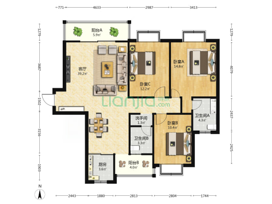 美兰新苑 3室1厅3卫 120平方