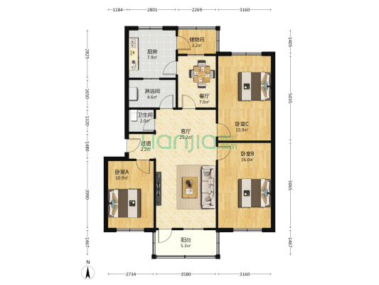 晨光社区7号院 3室2厅2卫 120平方