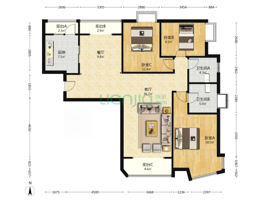 御景园7号楼精装南北三居室中高楼层东户低税费-户型图