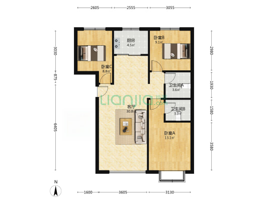 南北通透，三居双卫，新小区，人车分流，绿化好-户型图