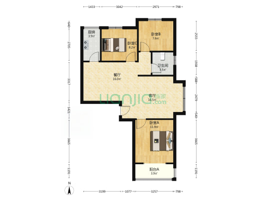 天伦湾馨园中间楼层，房本满二精装修，三面通风-户型图