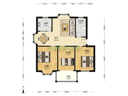海城花园 3室1厅1卫 84平方