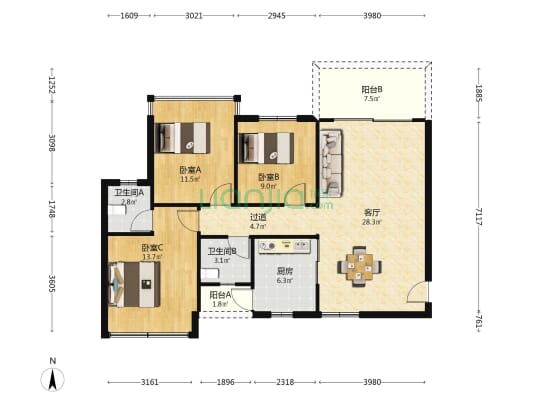 永昶领寓 3室1厅2卫 114平方