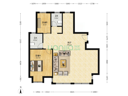 新润花苑(北苑) 2室1厅2卫 125平方