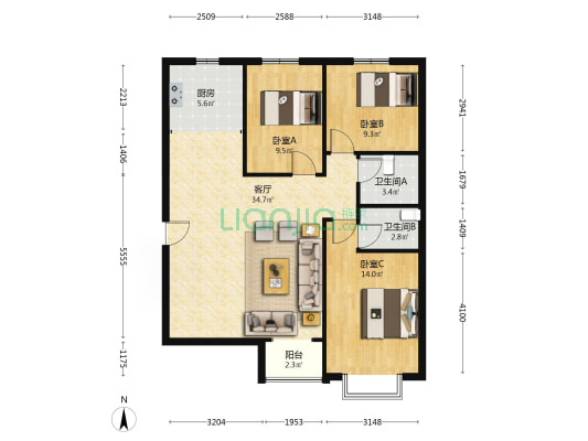 天保郦景 3室1厅 南 北-户型图