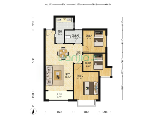 鑫苑德润珺园 3室1厅1卫 90平方
