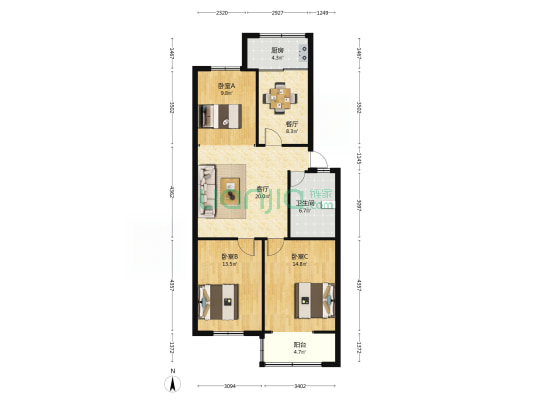 物资局住宅楼 3室2厅1卫 102平方