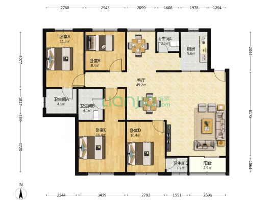 新怡花園 4室1厅4卫 138平方