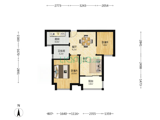 双兴河畔家园B区 2室2厅1卫 65平方
