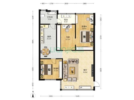 省文化艺术学校宿舍 3室1厅1卫 108平方