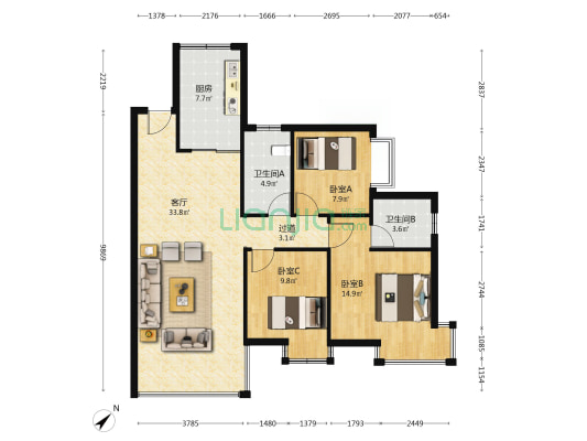 兴旺华都 3室1厅2卫 108平方