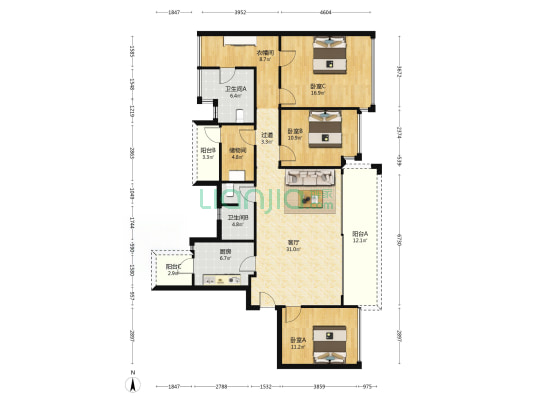 蓝润城三期 3室1厅2卫 139平方