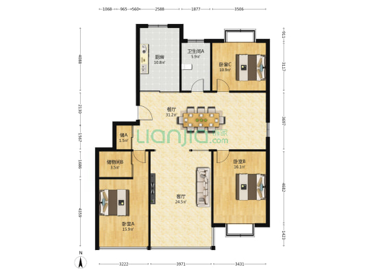 天工花苑 3室2厅1卫 136平方