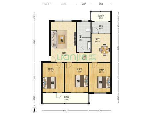 人事局小区 3室2厅1卫 117平方