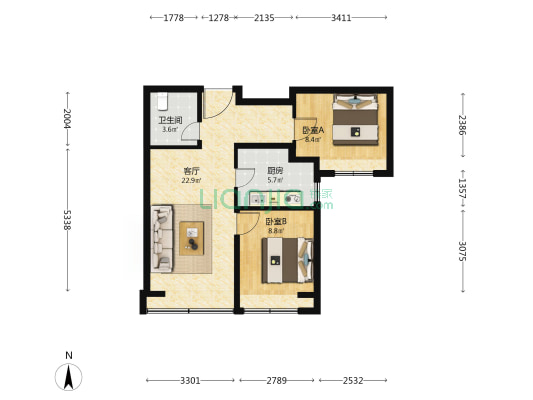 旭辉城 2室1厅1卫 76平方