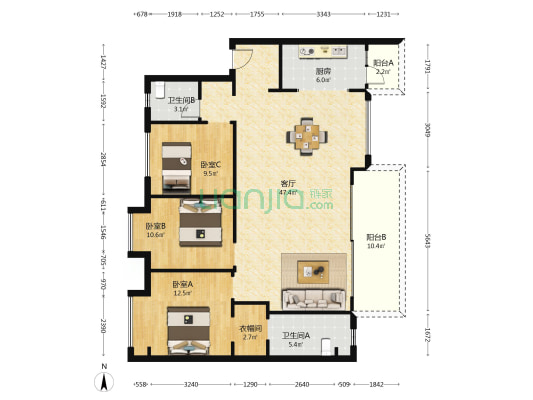 粼江樾 3室1厅2卫 130平方