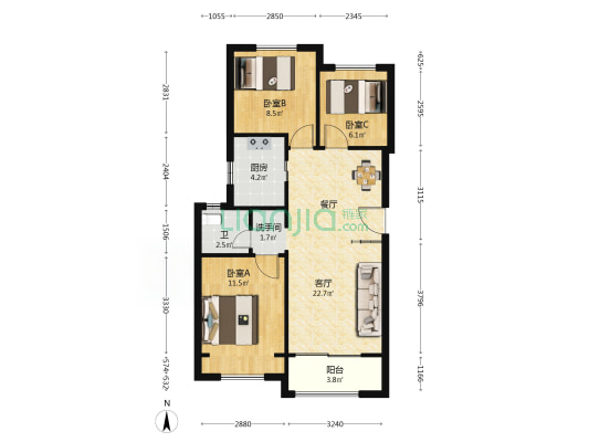 中海锦城 3室1厅2卫 89平方