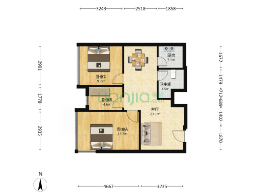 永康商业广场 3室1厅1卫 45平方