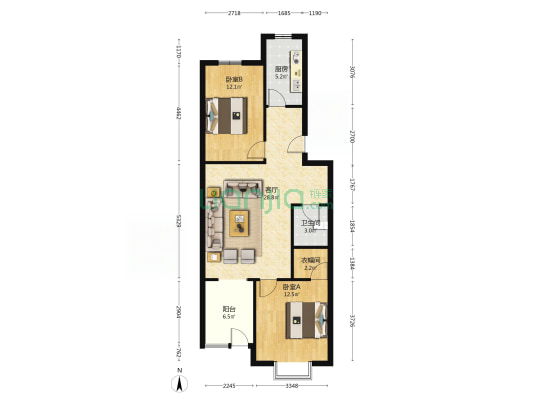 一层带小院，南北通透两居室，有装修，拎包入住-户型图