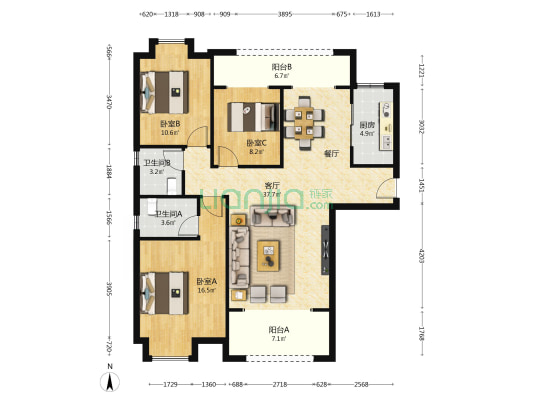 渐美花苑 3室1厅2卫 125平方