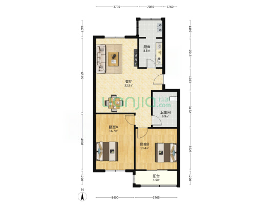 宁福花园 2室1厅1卫 103平方