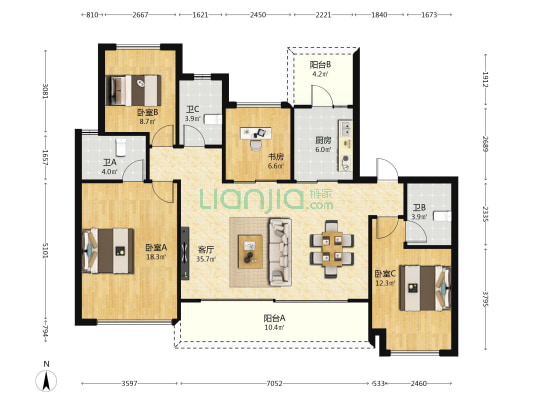 龙光天瀛二期 4室1厅3卫 138平方