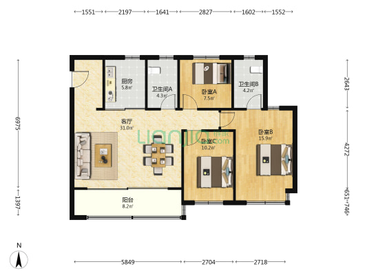 滨江龙湖翡翠上城北区 3室1厅2卫 115平方