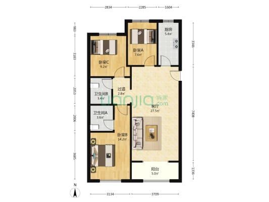 上邦壹號院 3室1厅2卫 113平方