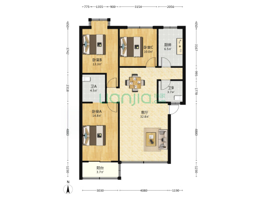 正北中街40号 3室1厅2卫 107平方