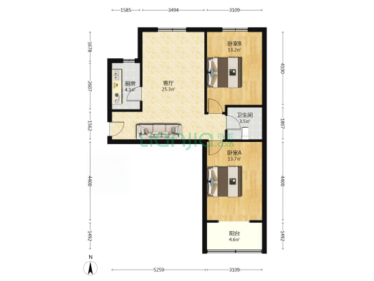 水岸花城 2室1厅 南 北-户型图